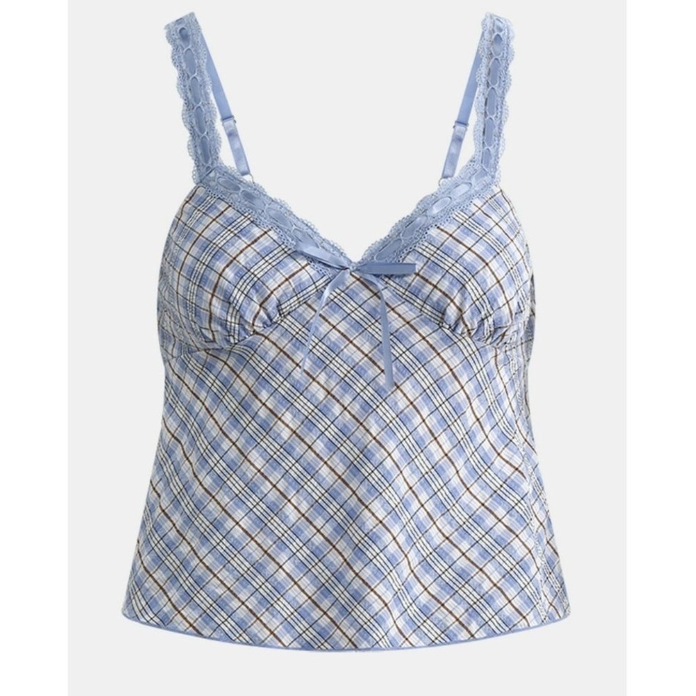 No‎ Boundaries Lace Trim Plaid Sweetheart Coquette Cami Top Blue M (8-10) NWT
